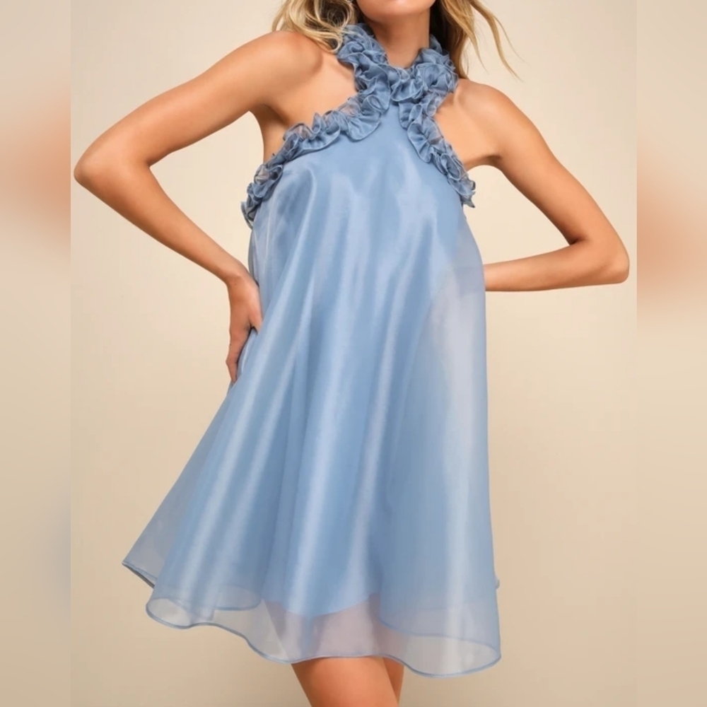 Lulus Perfect Stunner Slate Blue Organza Ruffled Halter Lightweight Mini Dress